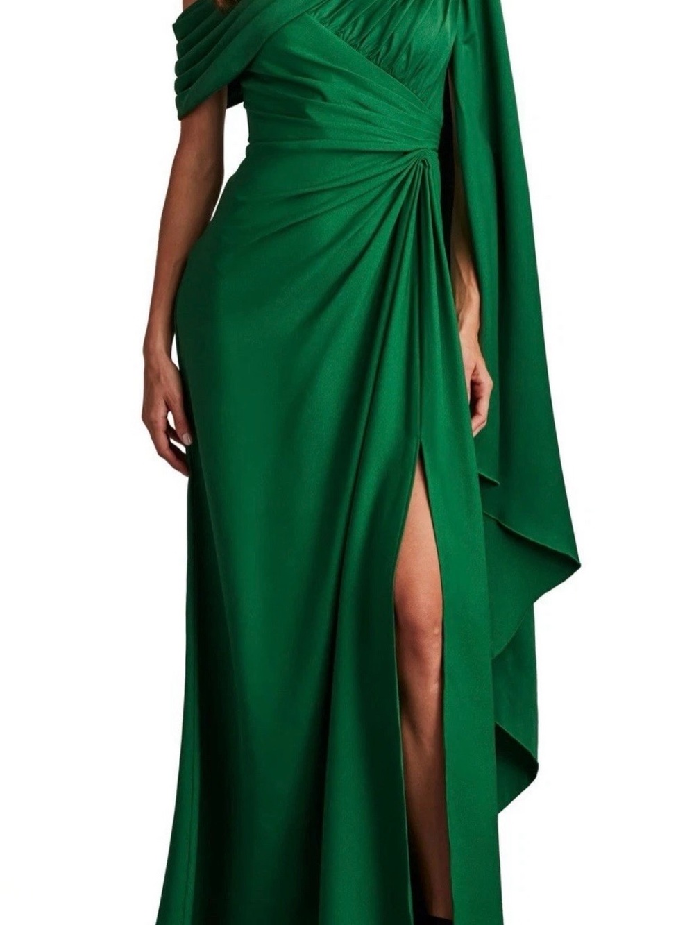 Tadashi Shoji CrepeSatin One Shoulder Pleated Gown, size 6 Emerald